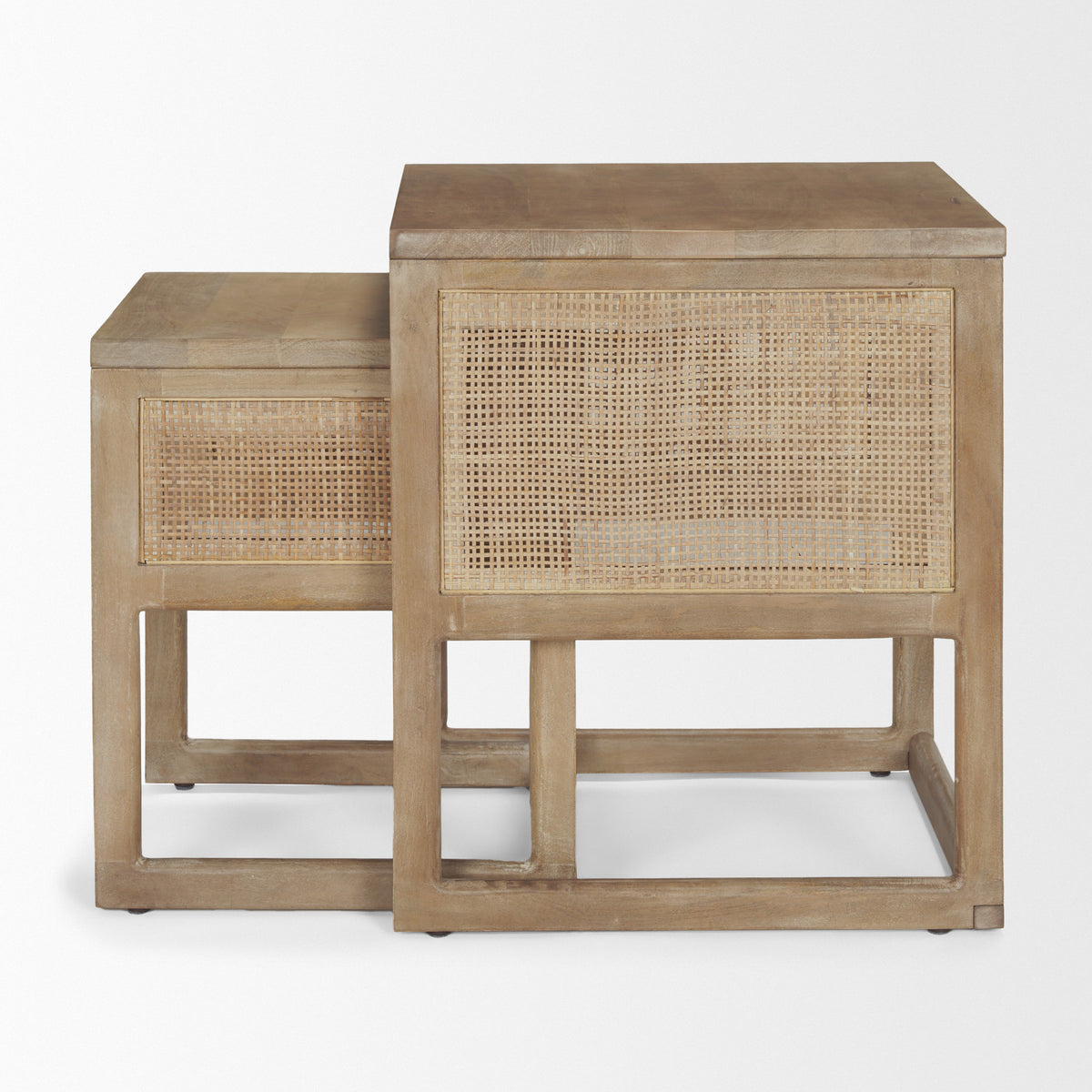 Grier Light Brown Solid Wood with Cane Nesting Accent Tables (Set of 2) - Ornate Home