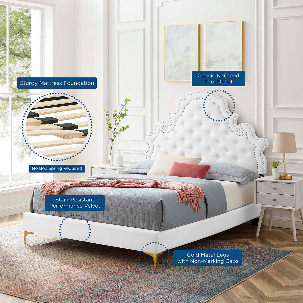 Gwyneth White Tufted Performance Velvet Queen Platform Bed (MOD-6751) - Ornate Home