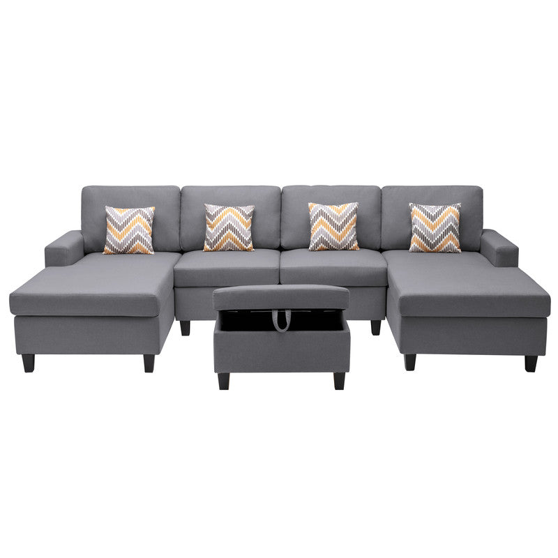 Nolan Gray 124"W Linen Double Chaise Sectional Sofa with Ottoman