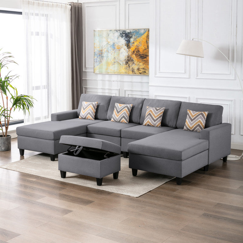 Nolan Gray 124"W Linen Double Chaise Sectional Sofa with Ottoman