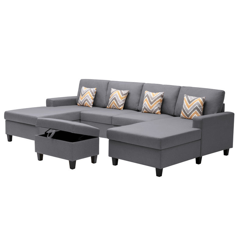 Nolan Gray 124"W Linen Double Chaise Sectional Sofa with Ottoman