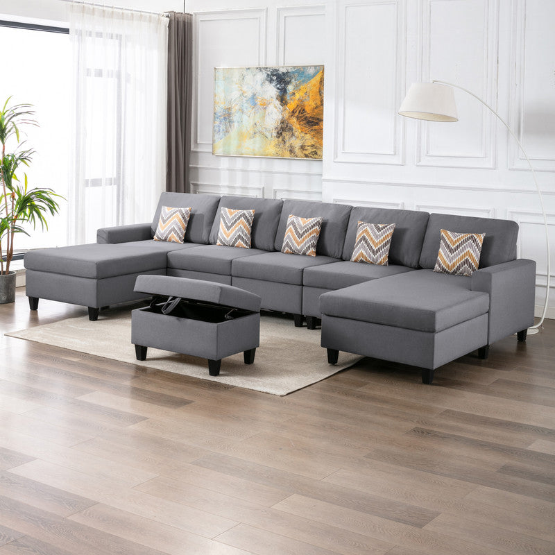 Nolan Gray 152"W Linen Double Chaise Sectional Sofa with Ottoman