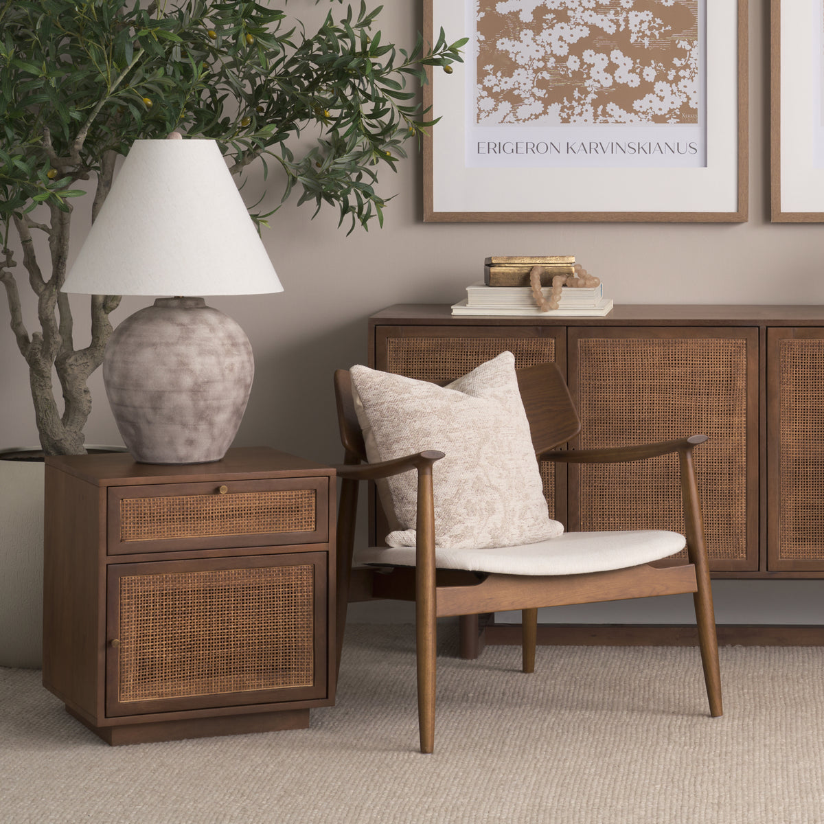 Haggen Medium Brown/Cream Oak Wood Fabric Accent Chair - Ornate Home