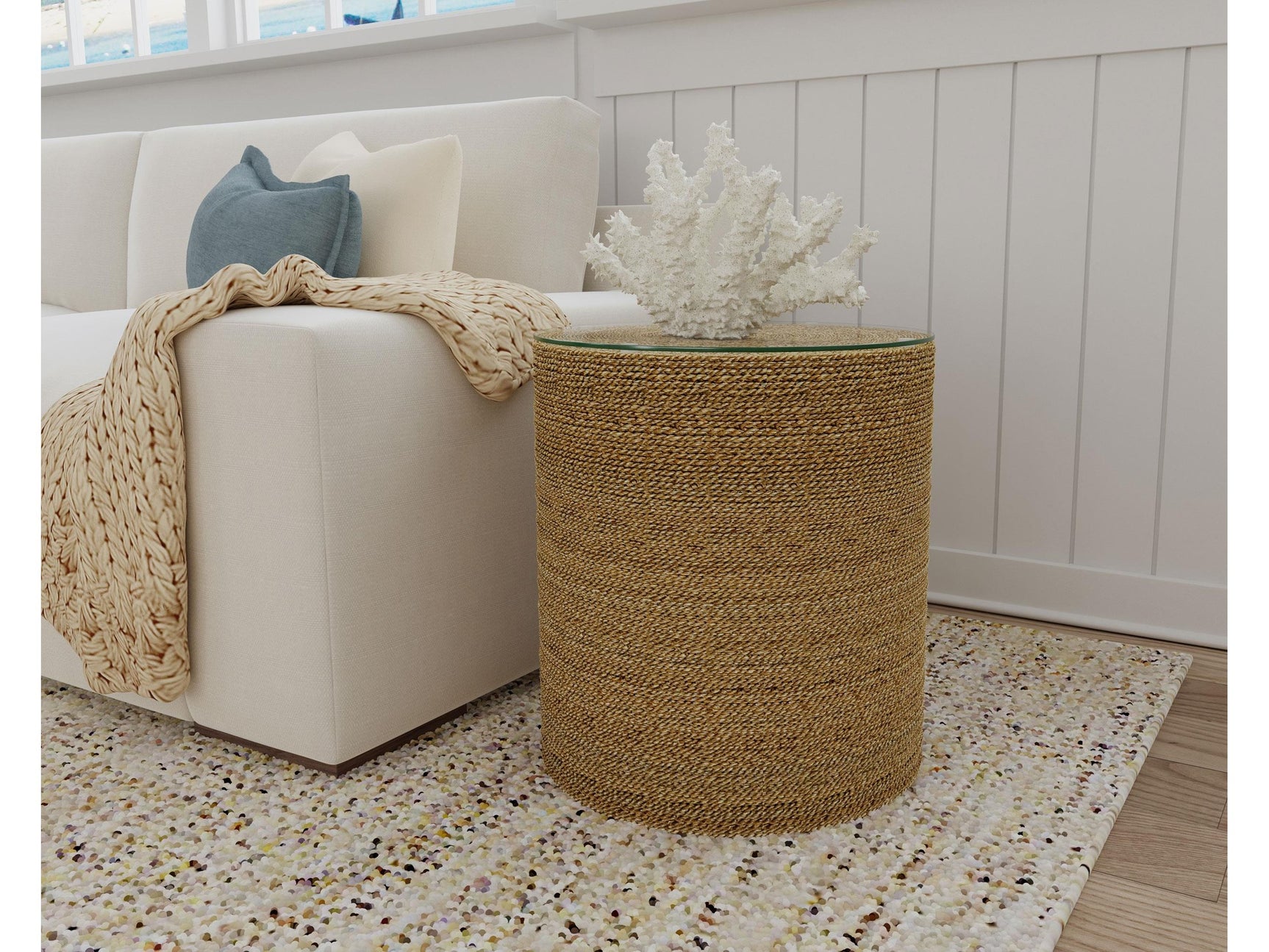 Halden Light Brown Round Woven Seagrass Accent Side Table - Ornate Home