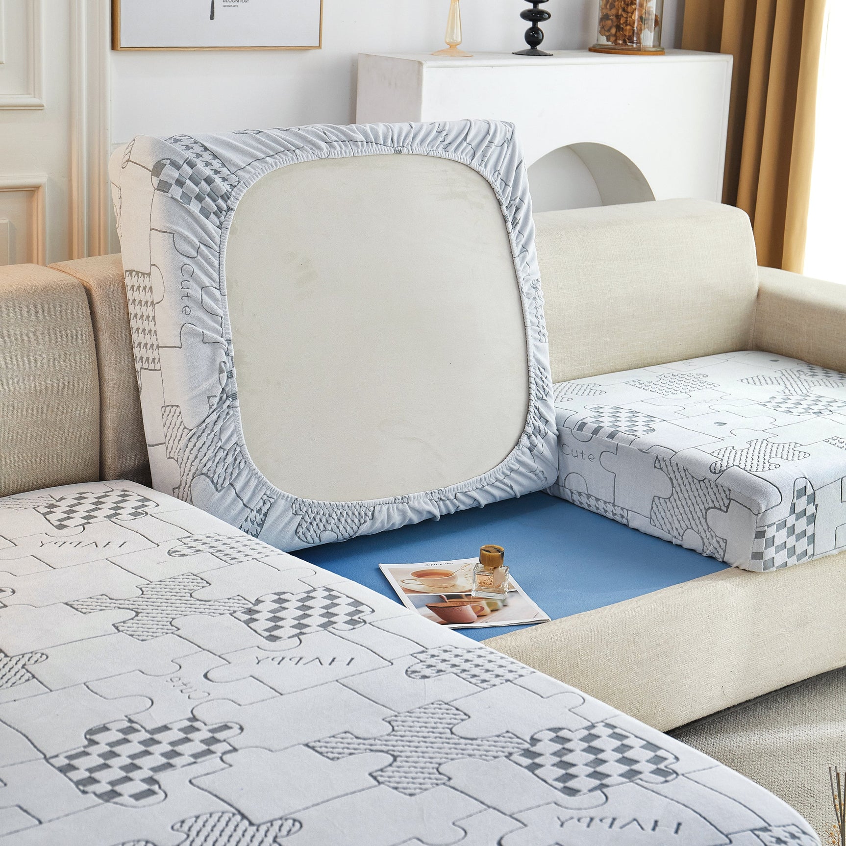 Happy Puzzle Jacquard Fleece Stretchable Cushion Cover, Non-Slip L Shaped Couch Covers for Pets - Ornate Home