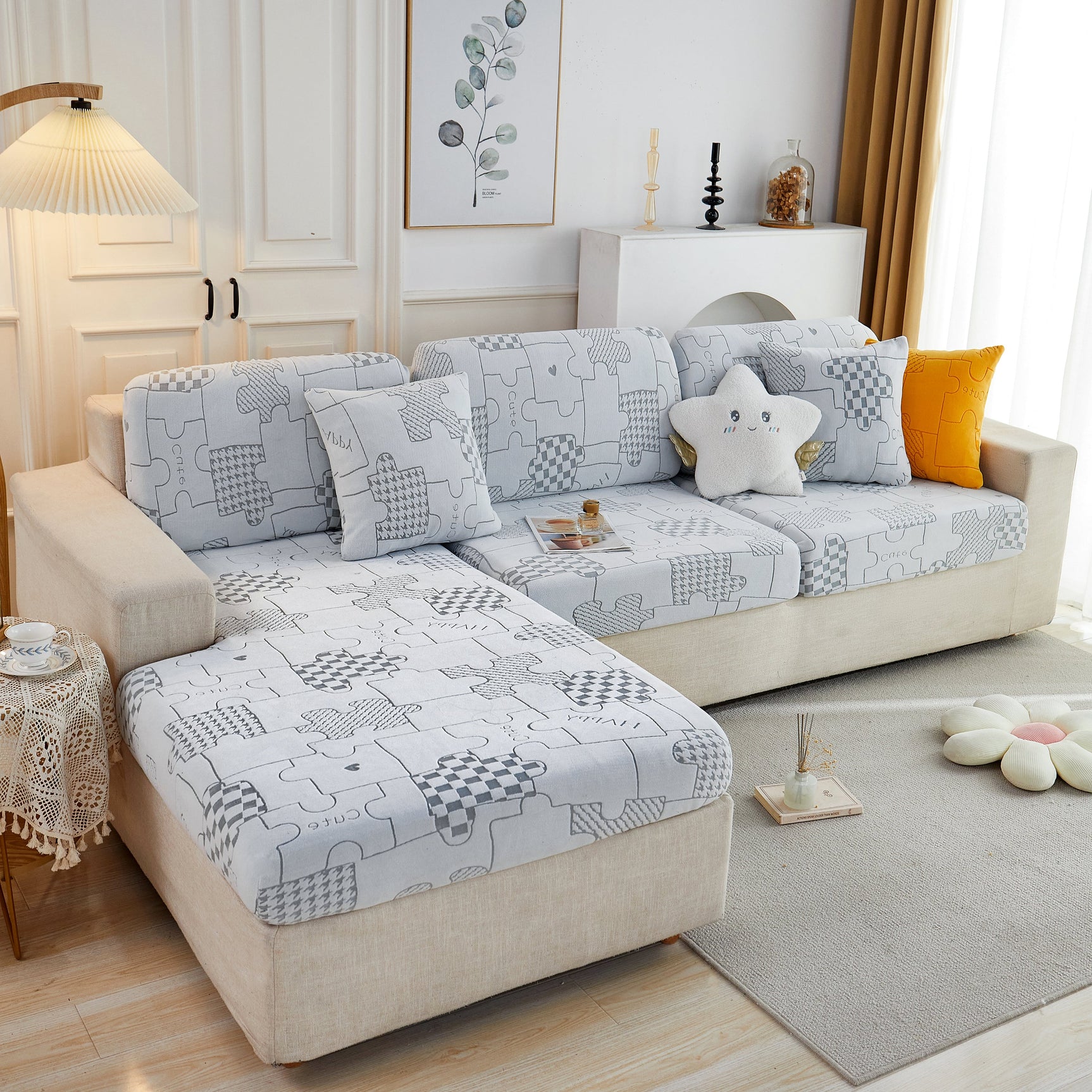 Happy Puzzle Jacquard Fleece Stretchable Cushion Cover, Non-Slip L Shaped Couch Covers for Pets - Ornate Home