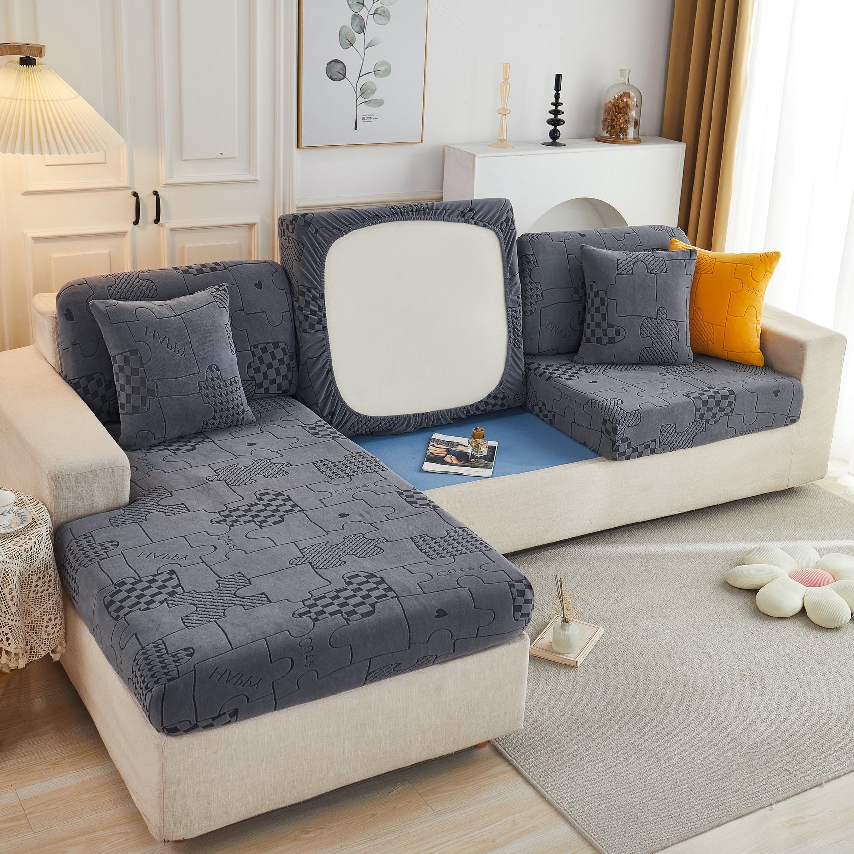 Happy Puzzle Jacquard Fleece Stretchable Cushion Cover, Non-Slip L Shaped Couch Covers for Pets - Ornate Home