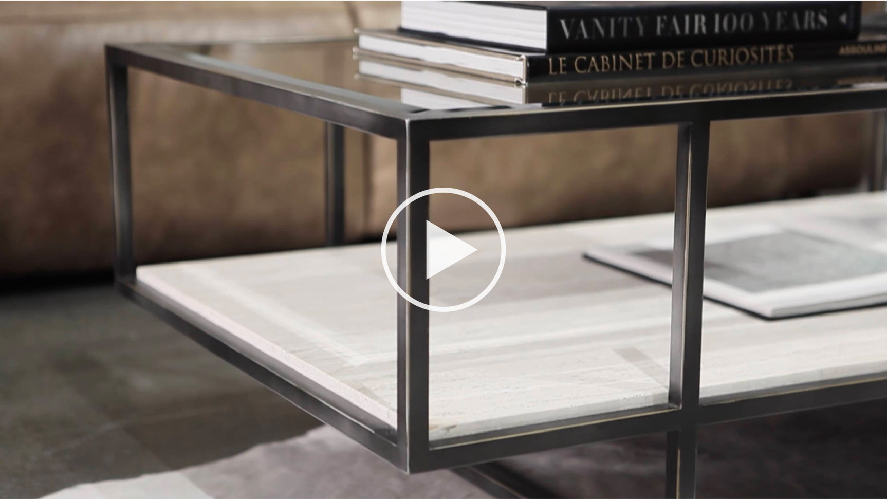 Harlow Glass/White Travertine/Oil-Rubbed Bronze Cocktail Table - Ornate Home