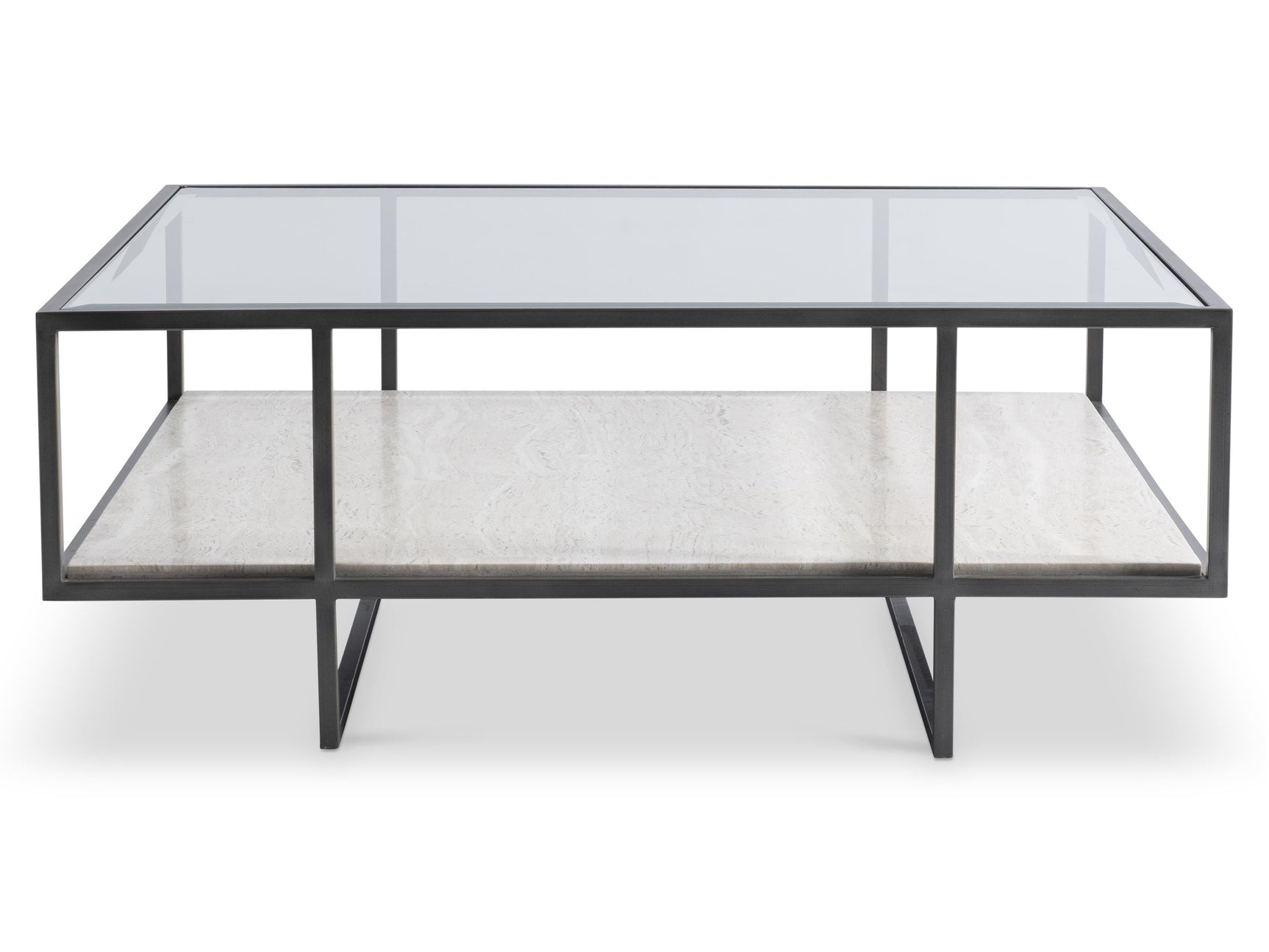 Harlow Glass/White Travertine/Oil-Rubbed Bronze Cocktail Table - Ornate Home