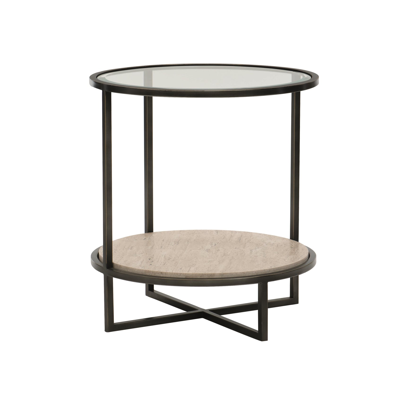 Harlow Raund White Travertine/Oil-Rubbed Bronze Side Table - Ornate Home