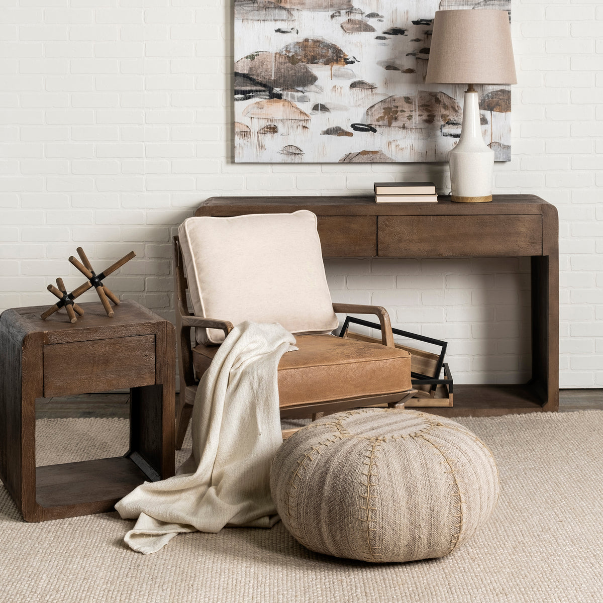 Harman Cream/Brown Fabric and Leather Seat Accent Chair - Ornate Home