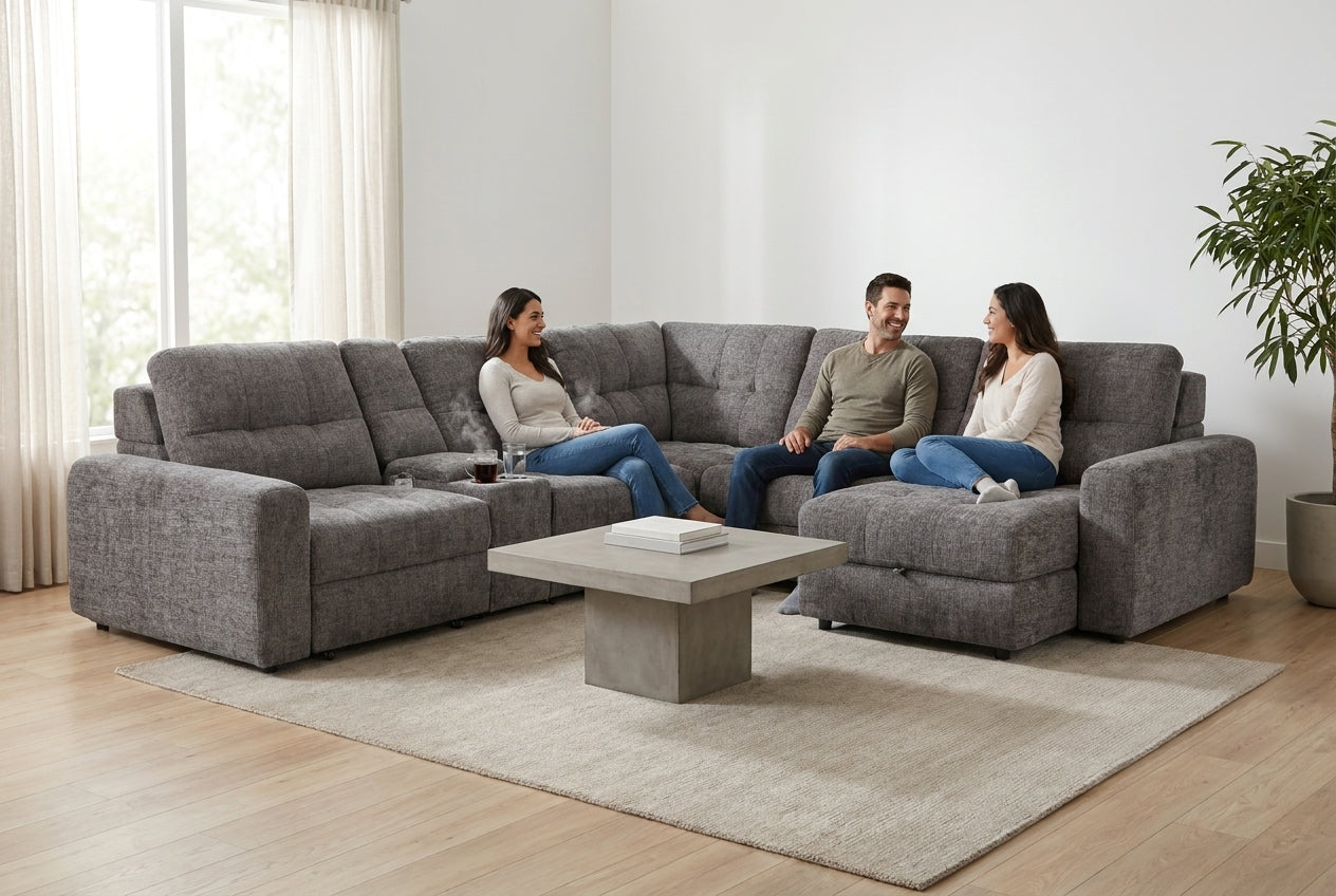 Haven Gunmetal 7-Piece Sleeper Sectional with Sliding Seats and Storage - Ornate Home