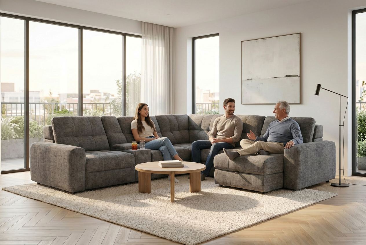 Haven Gunmetal 7-Piece Sleeper Sectional with Sliding Seats and Storage - Ornate Home