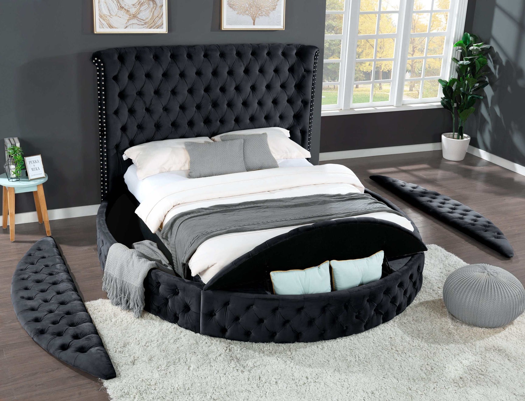 Hazel Black Tufted Velvet Queen Storage Bed - Ornate Home