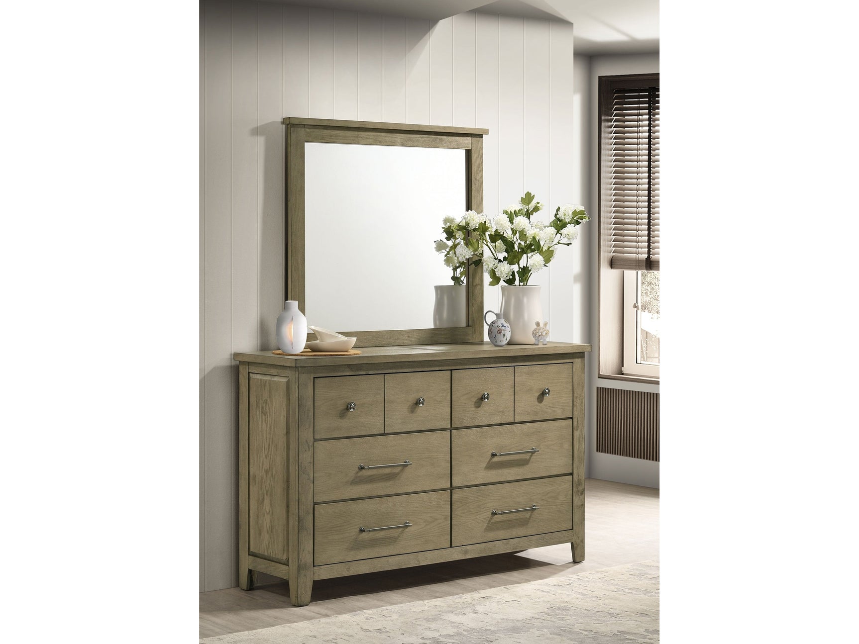 Hazlewood Vineyard Oak 6-drawer Bedroom Dresser with Mirror - Ornate Home
