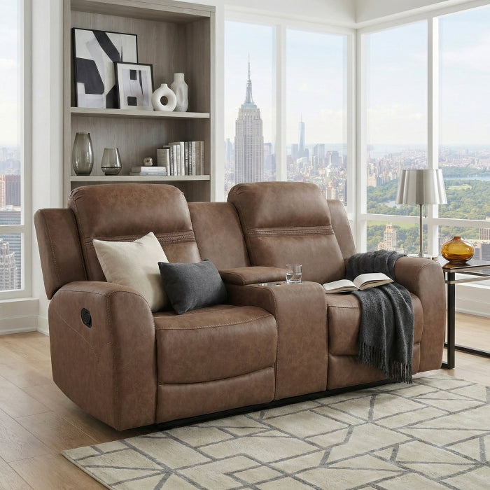 Hearth Brown Double Reclining Loveseat With Center Console - Ornate Home