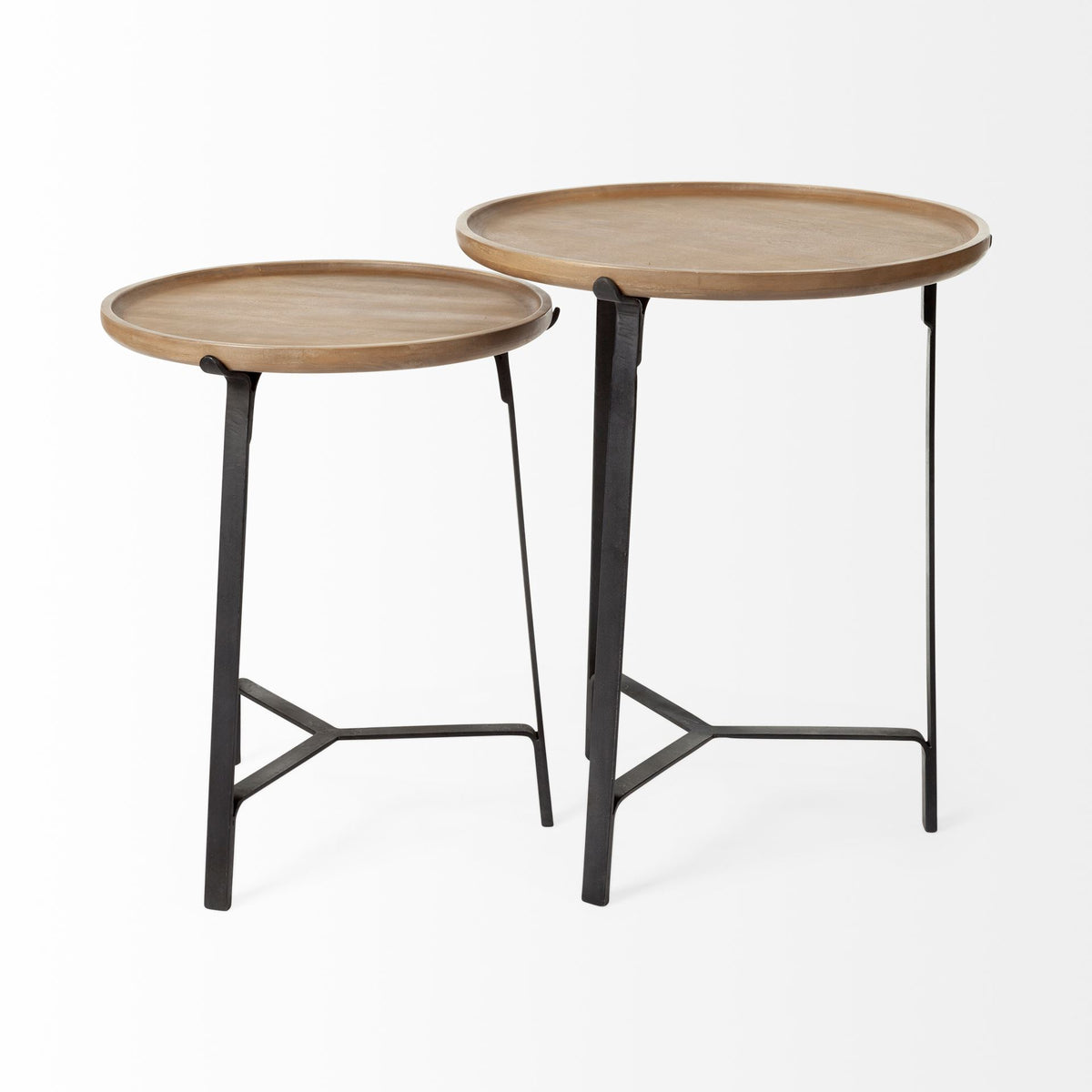 Helios Brown Round Solid Wood Iron Base Nesting End/Side Tables (Set of 2) - Ornate Home