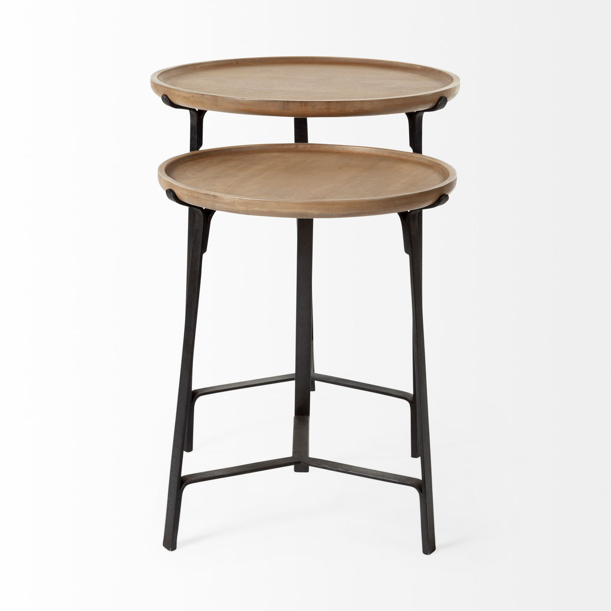 Helios Brown Round Solid Wood Iron Base Nesting End/Side Tables (Set of 2) - Ornate Home