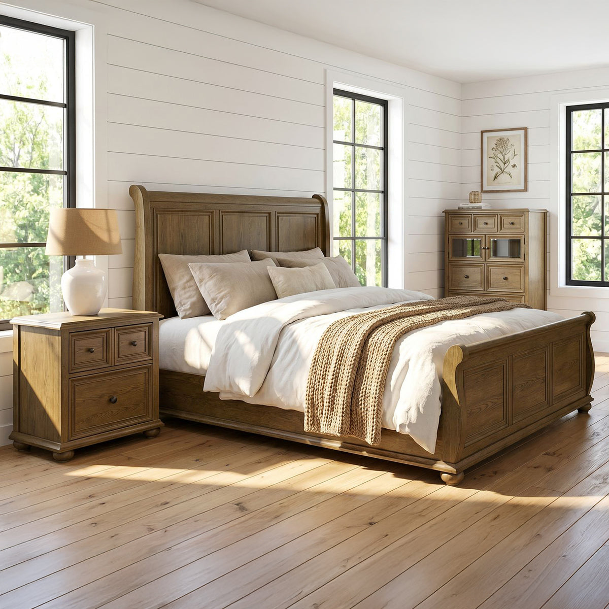 Heritage Oak Brown 3-Piece King Sleigh Bedroom Set - Ornate Home