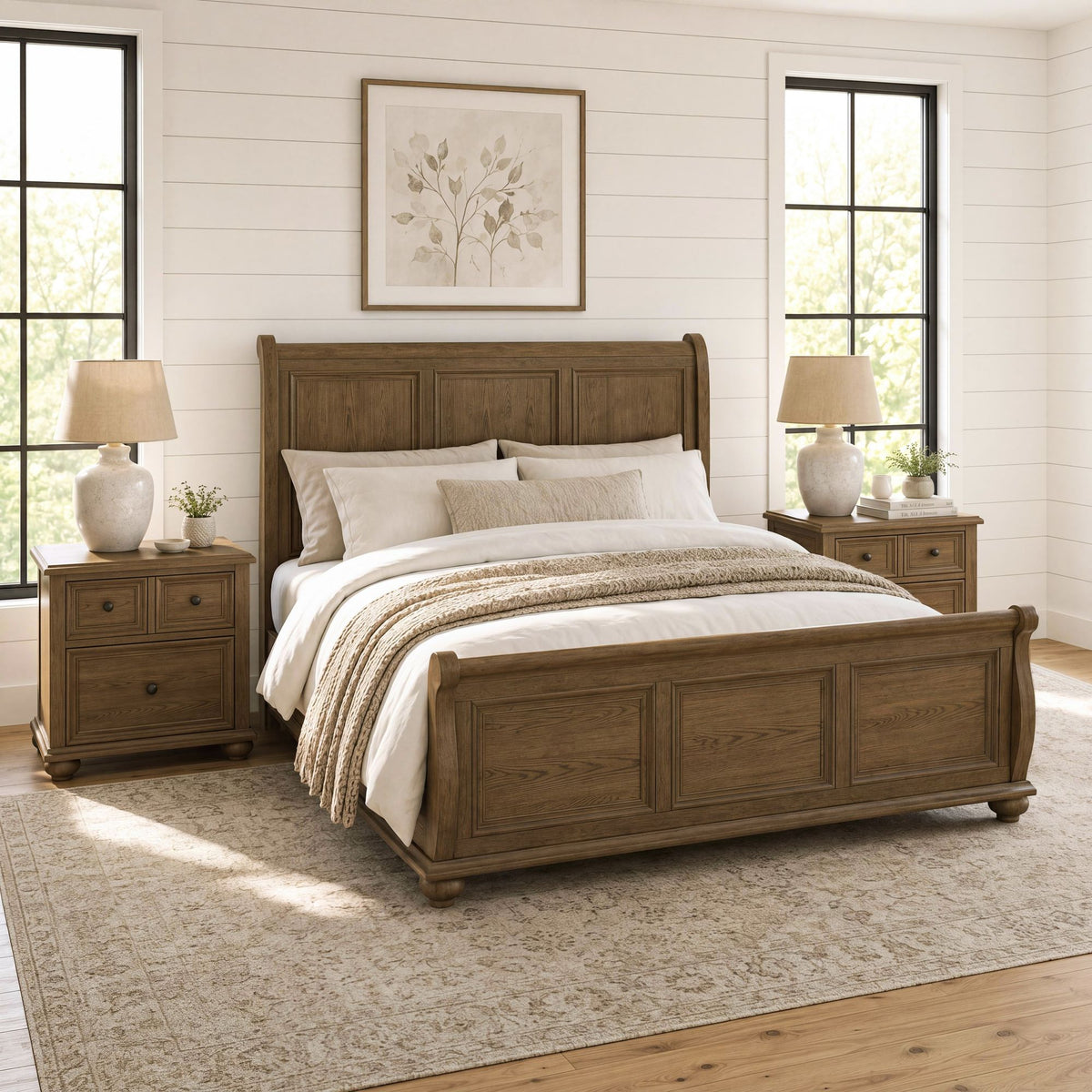 Heritage Oak Brown 3-Piece King Sleigh Bedroom Set with 2 Nightstands - Ornate Home