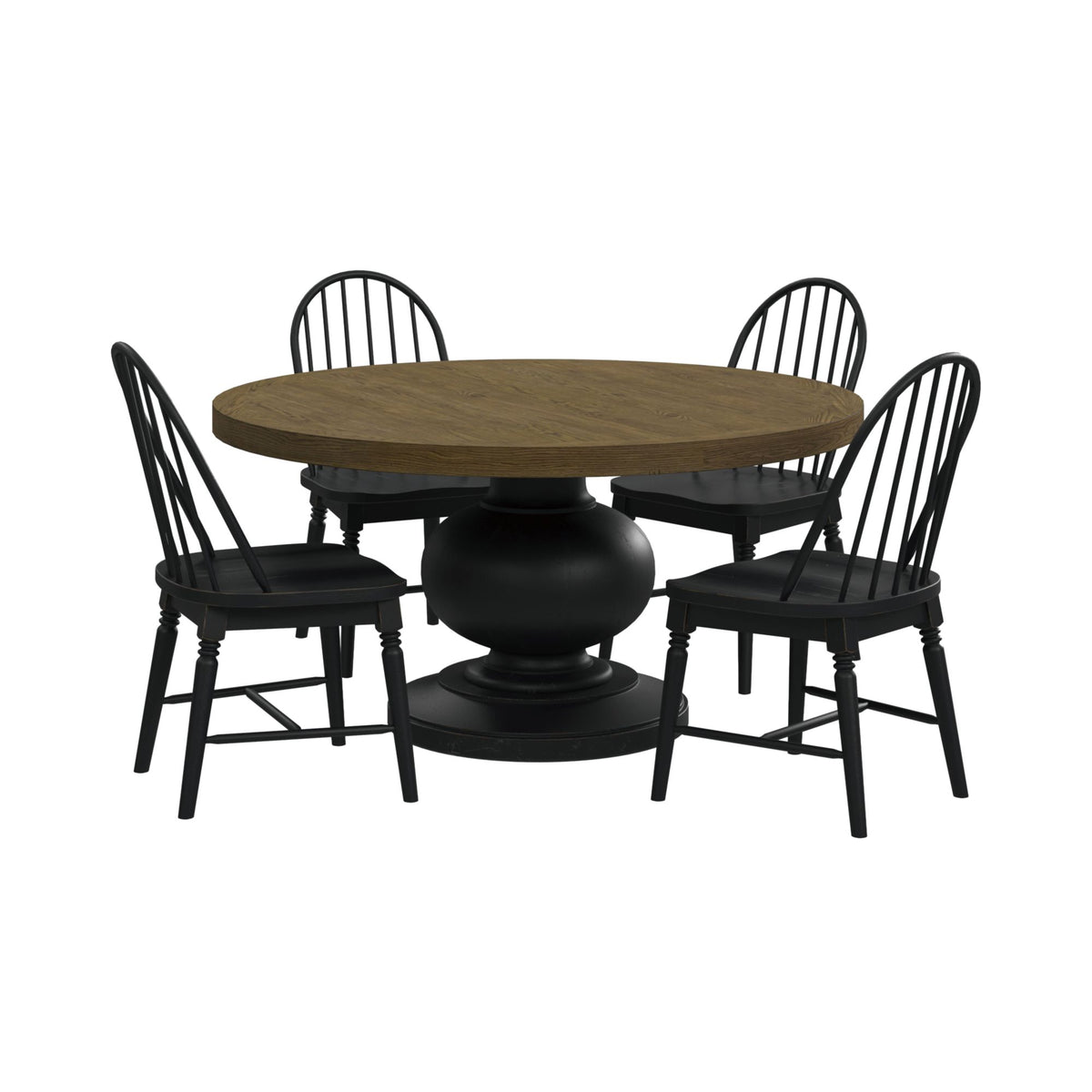 Heritage Oak Brown/Black 5-Piece Standard Height Dining Set with Round Table & Four Black Chairs - Ornate Home