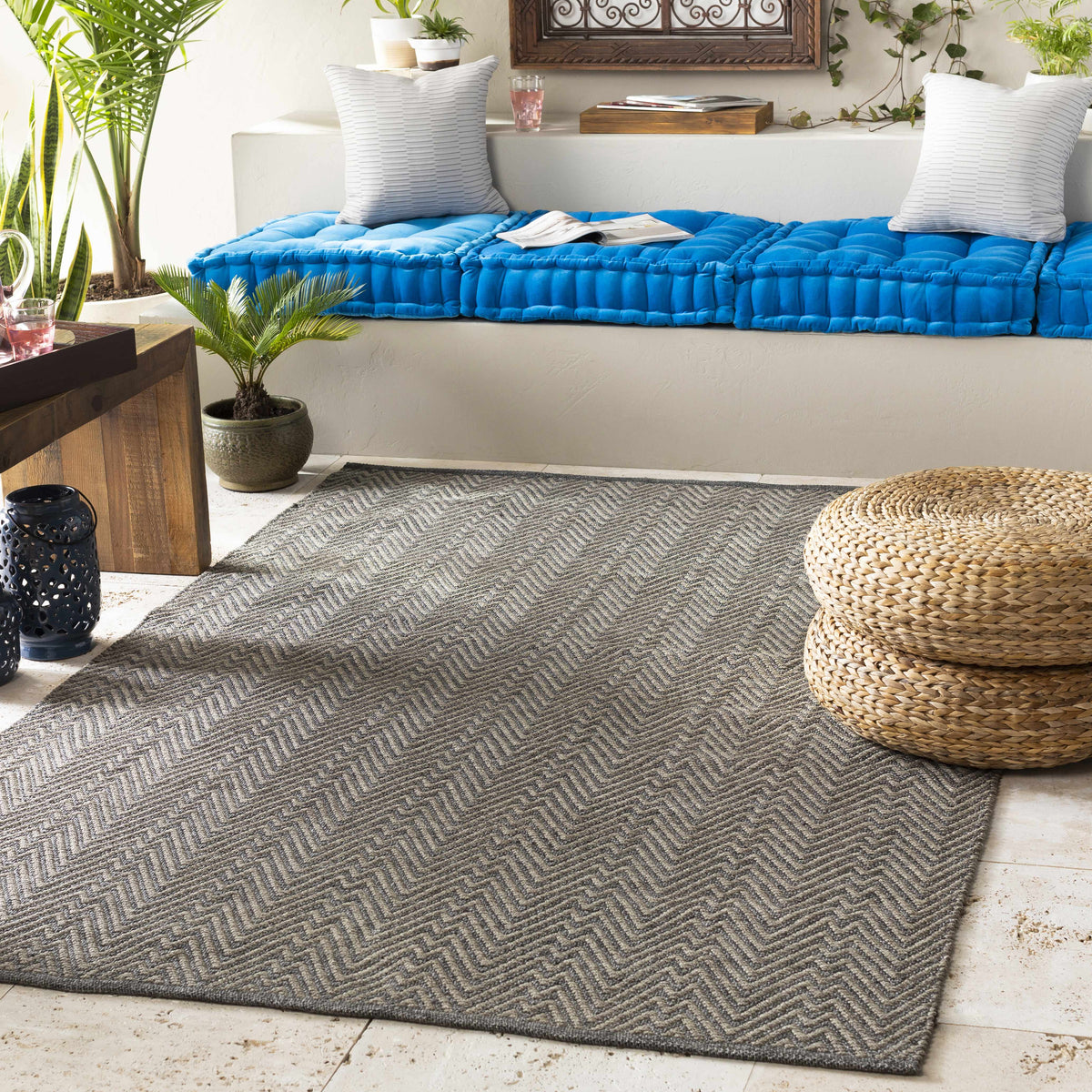 Herlong Charcoal Herringbone Outdoor Rug - Clearance - Ornate Home