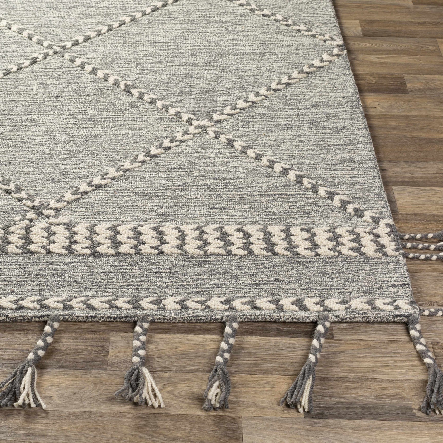 Hertfordshire Gray Trellis Tassel Wool Rug - Clearance - Ornate Home