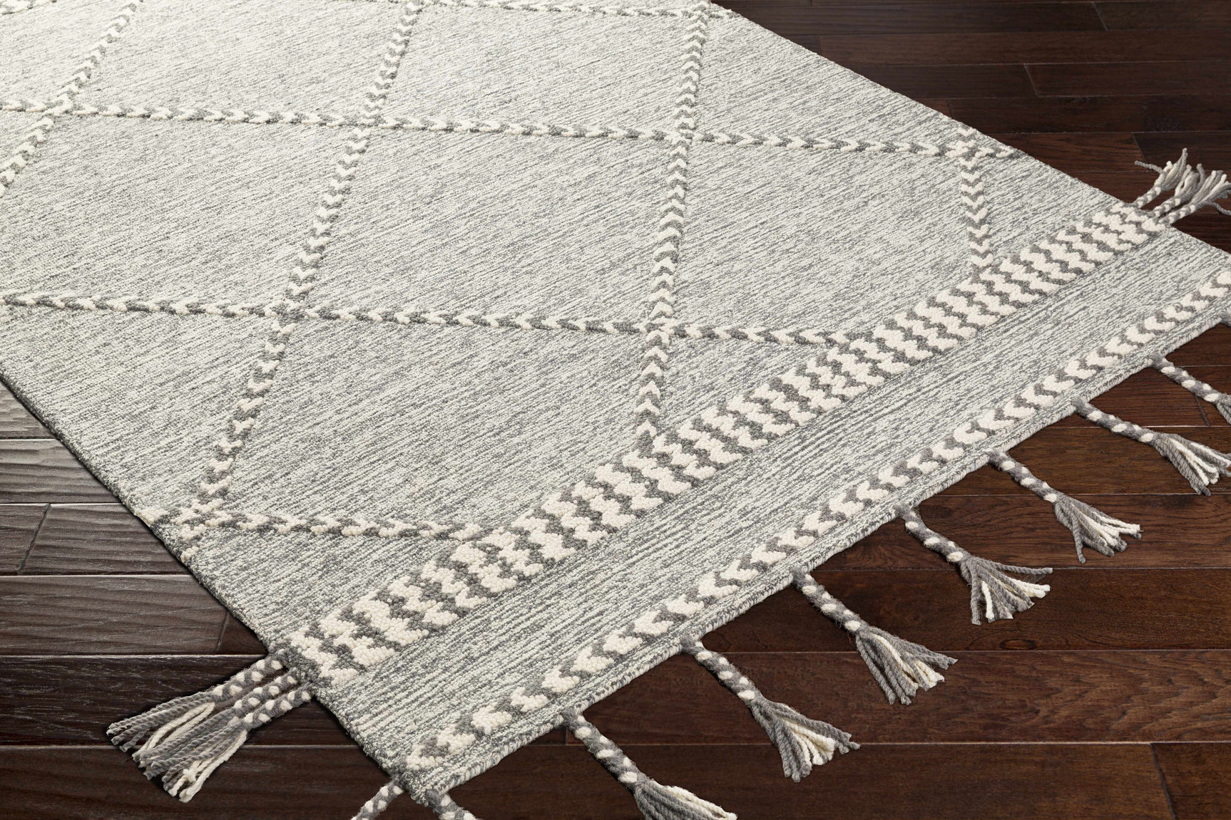 Hertfordshire Gray Trellis Tassel Wool Rug - Clearance - Ornate Home