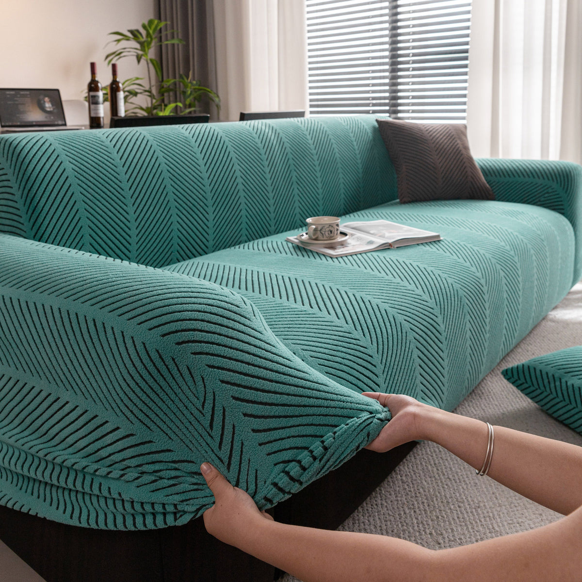 High Stretch Chevron Sofa Cover, Soft Washable Textured Jacquard Slipcover for Couch - Ornate Home