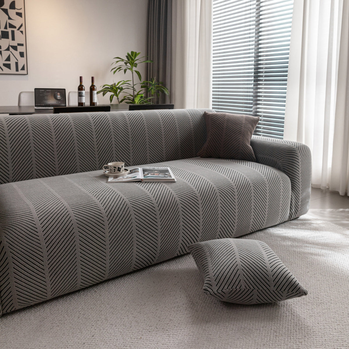 High Stretch Chevron Sofa Cover, Soft Washable Textured Jacquard Slipcover for Couch - Ornate Home