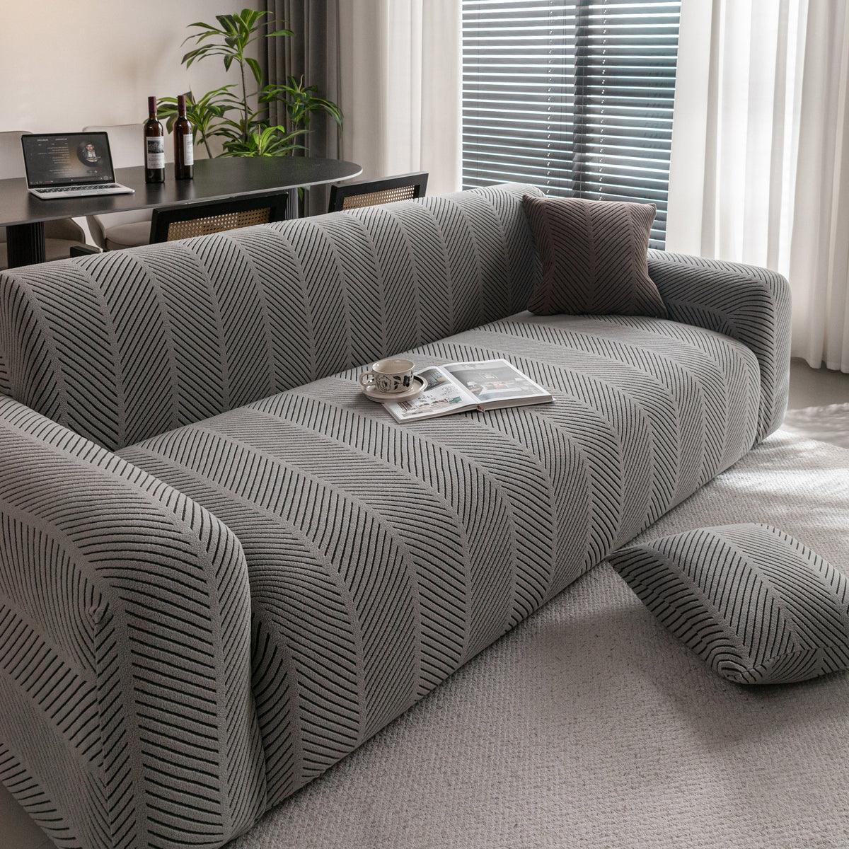 High Stretch Chevron Sofa Cover, Soft Washable Textured Jacquard Slipcover for Couch - Ornate Home