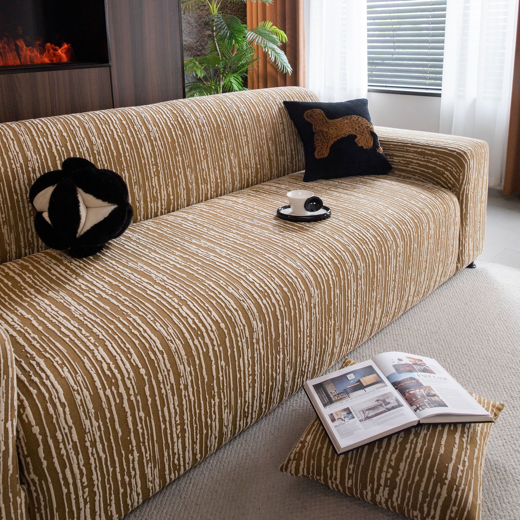 High Stretch Couch Slipcover with Abstract Stripe, Washable Non-Slip Cover for Dogs - Ornate Home