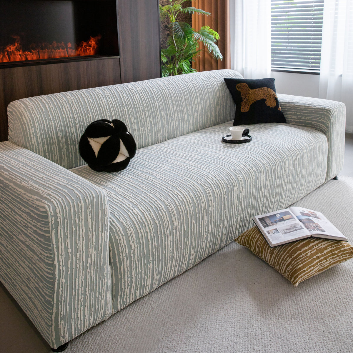 High Stretch Couch Slipcover with Abstract Stripe, Washable Non-Slip Cover for Dogs - Ornate Home