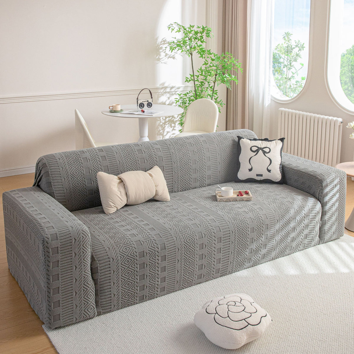 High Stretch Embossed Geometric Slipcover for Couch, Cozy Plush Fleece Couch Cover - Ornate Home