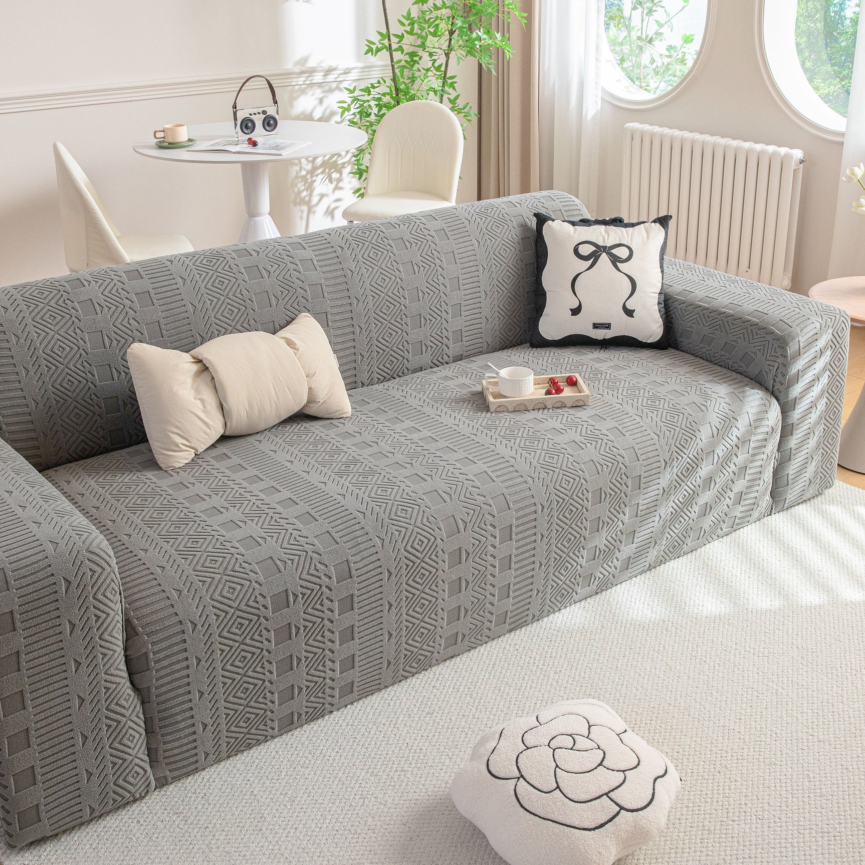 High Stretch Embossed Geometric Slipcover for Couch, Cozy Plush Fleece Couch Cover - Ornate Home