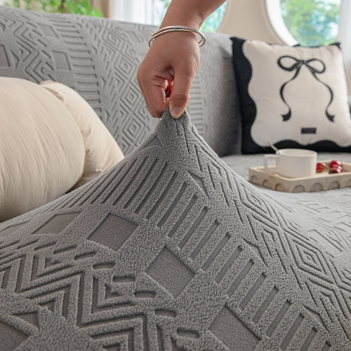 High Stretch Embossed Geometric Slipcover for Couch, Cozy Plush Fleece Couch Cover - Ornate Home