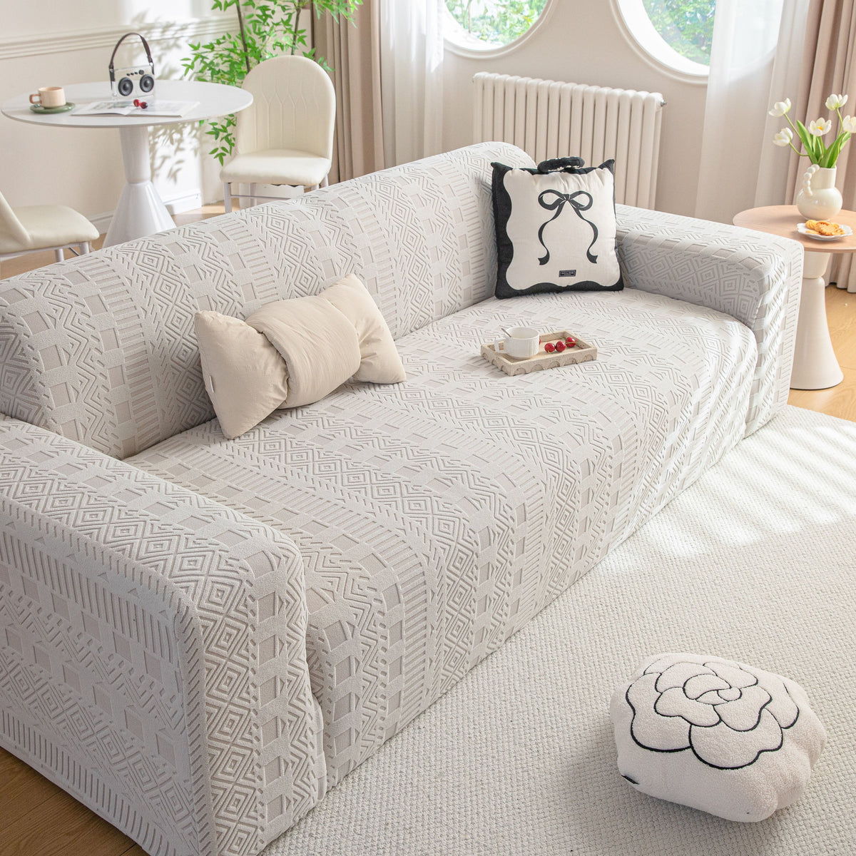 High Stretch Embossed Geometric Slipcover for Couch, Cozy Plush Fleece Couch Cover - Ornate Home