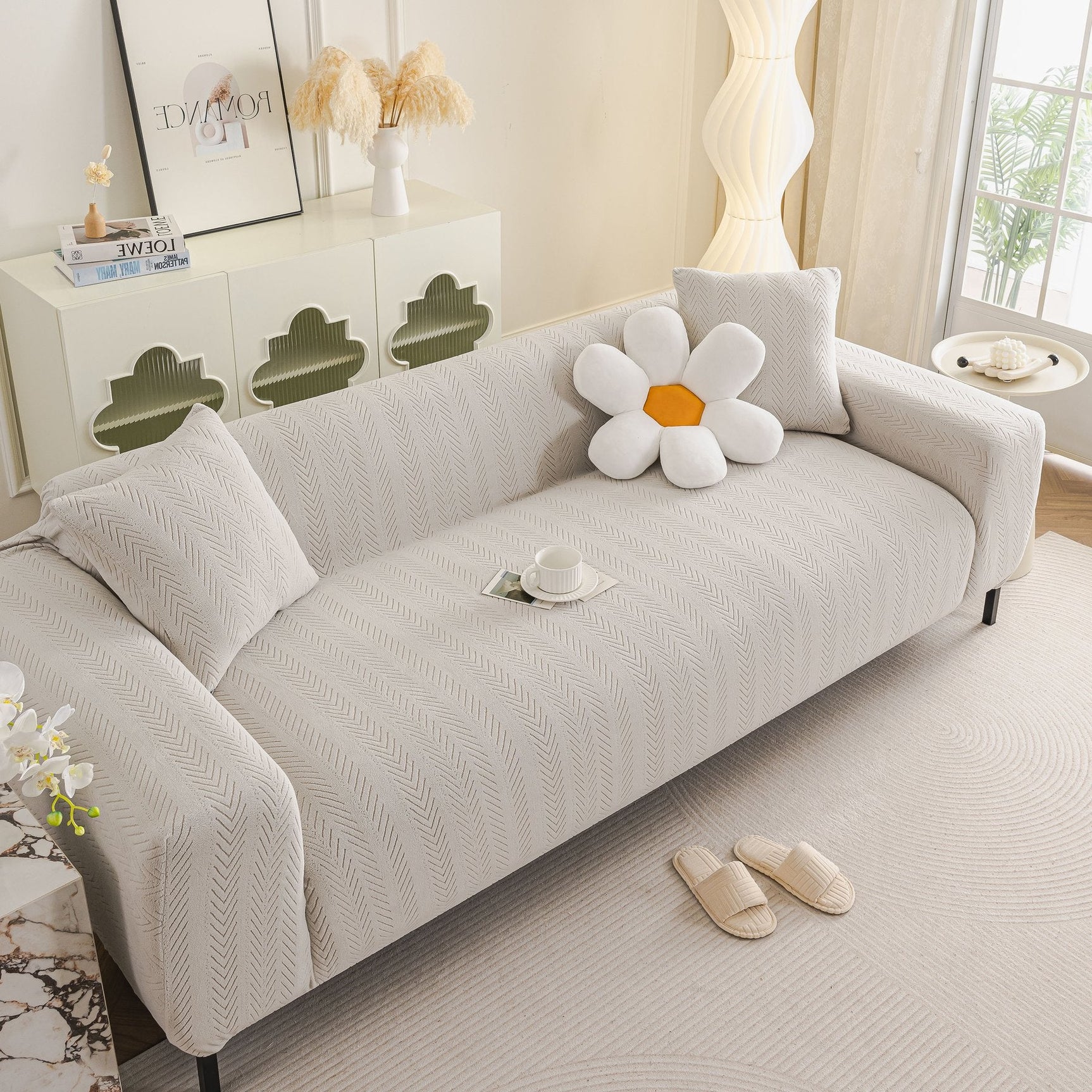 High Stretch Herringbone Textured Slipcover for Standard & L-Shaped Sectional Couches - Ornate Home
