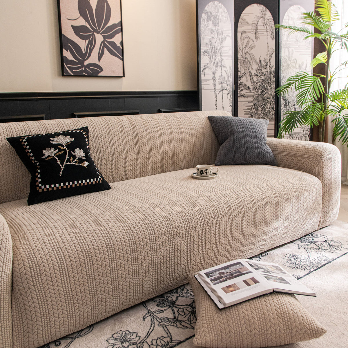 High Stretch Wheat Ear Embossed Textured Couch Slipcover, Water Repellent Sofa Cover - Ornate Home
