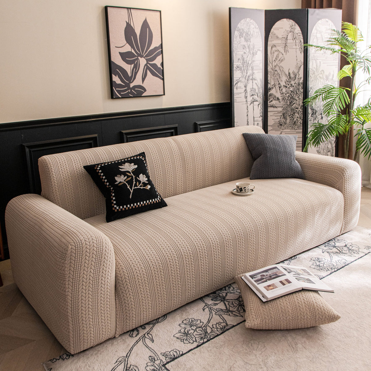 High Stretch Wheat Ear Embossed Textured Couch Slipcover, Water Repellent Sofa Cover - Ornate Home