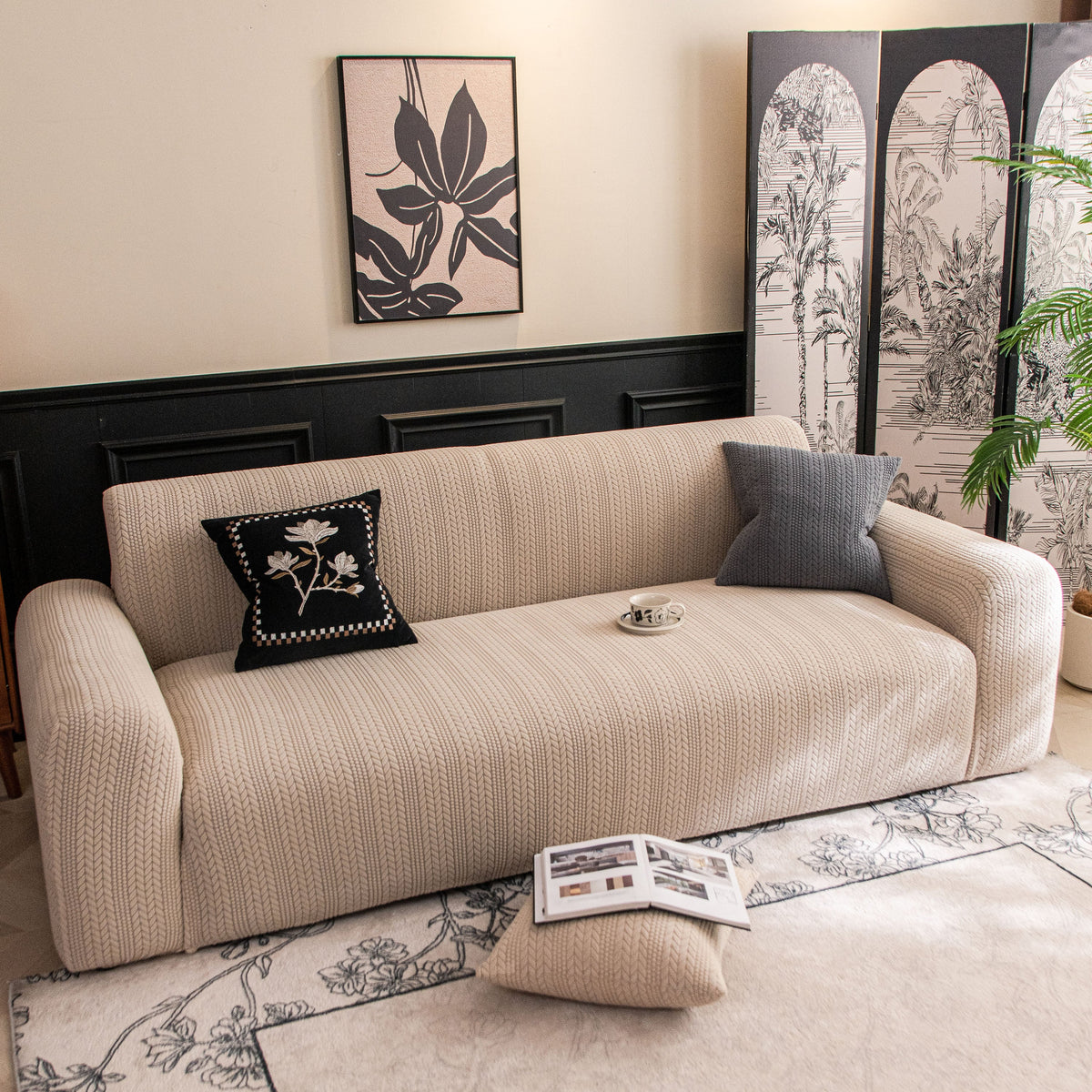 High Stretch Wheat Ear Embossed Textured Couch Slipcover, Water Repellent Sofa Cover - Ornate Home