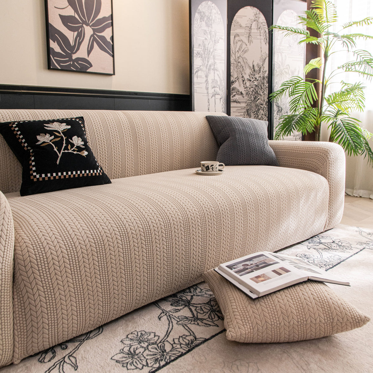 High Stretch Wheat Ear Embossed Textured Couch Slipcover, Water Repellent Sofa Cover - Ornate Home