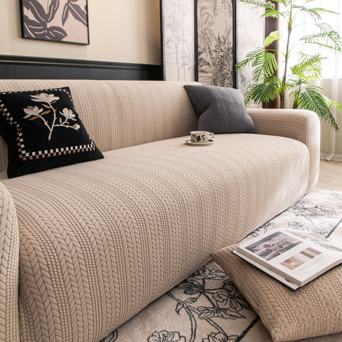 High Stretch Wheat Ear Embossed Textured Couch Slipcover, Water Repellent Sofa Cover - Ornate Home