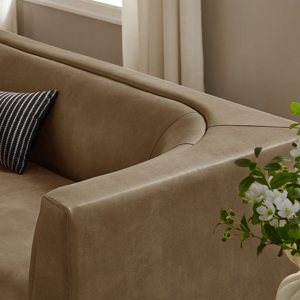 Hilda Mushroom 86" Curved Back Vegan Leather Sofa - Ornate Home