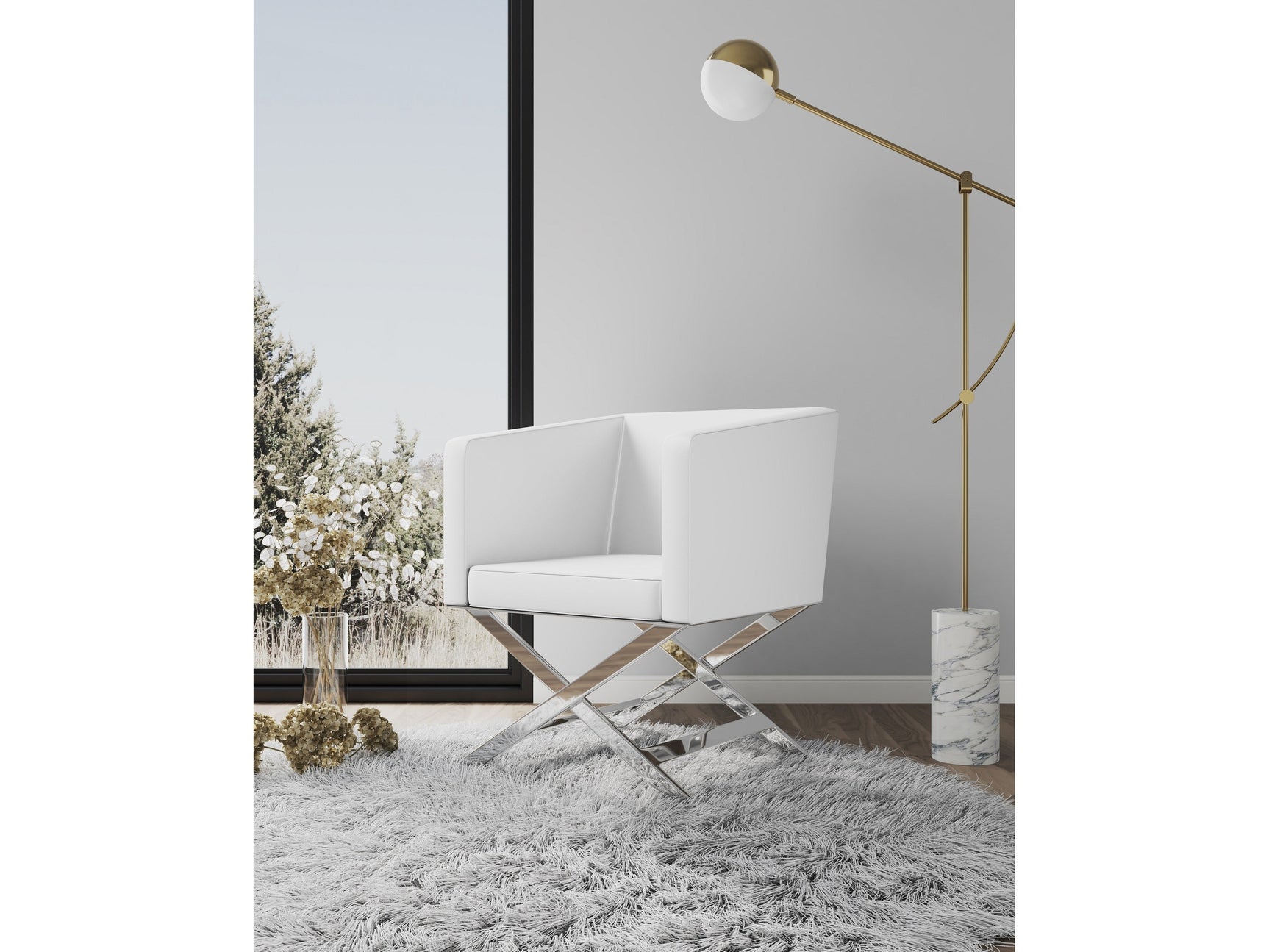 Hollywood Lounge Accent Chair in White and Polished Chrome (set of 2) - Ornate Home