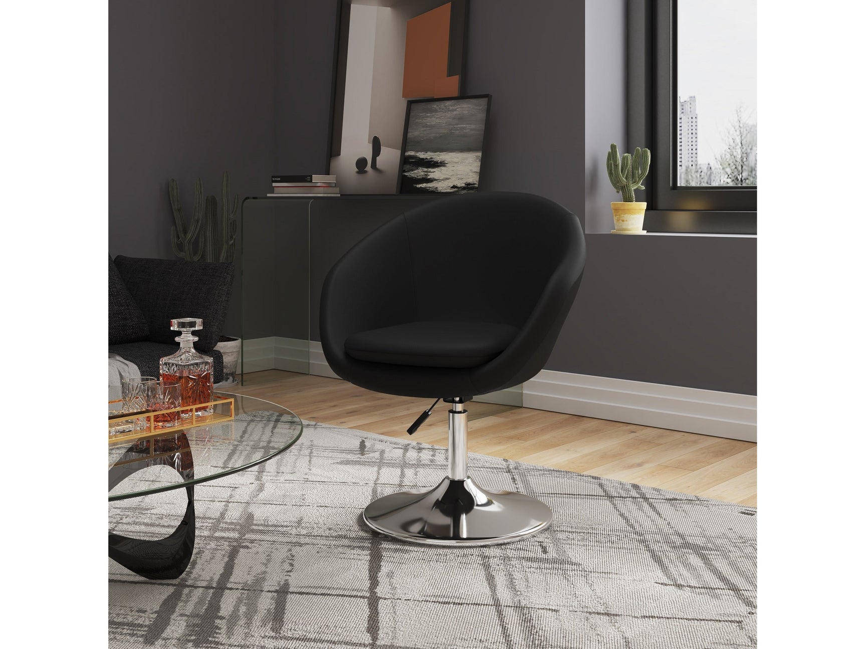 Hopper Swivel Adjustable Height Faux Leather Chair in Black and Polished Chrome (set of 2) - Ornate Home