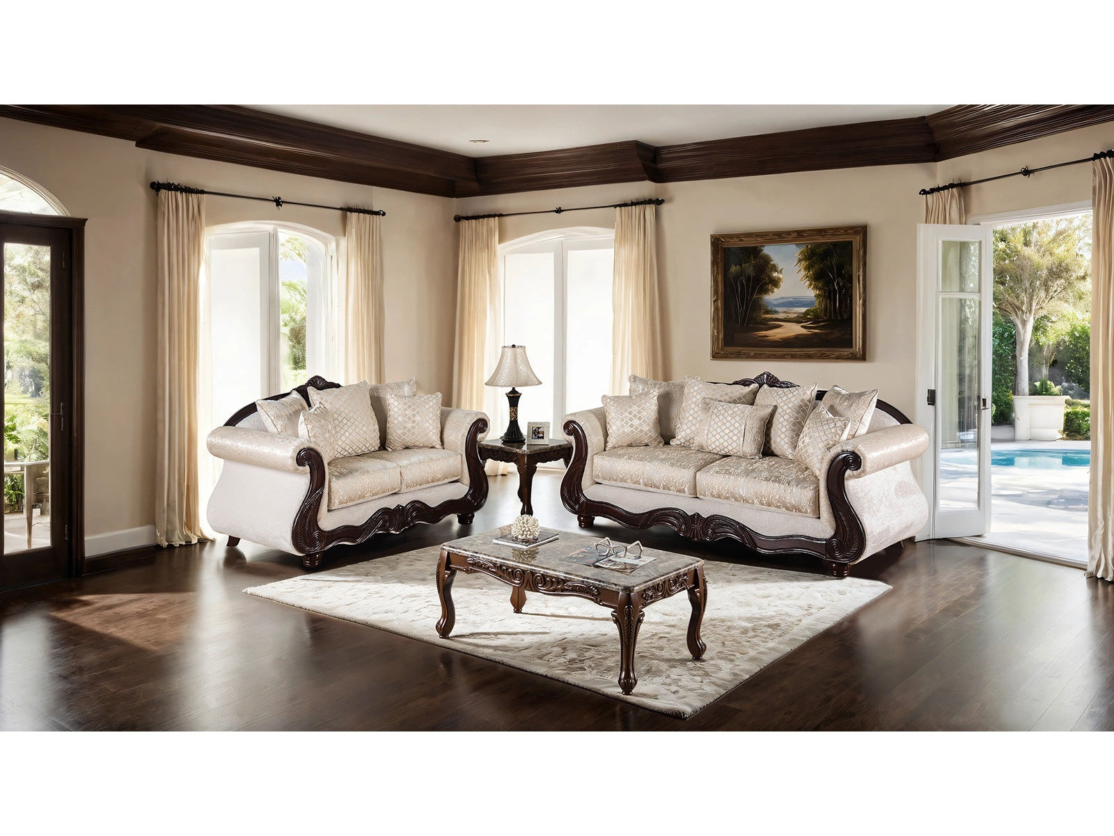Huelva Beige/Dark Cherry Upholstery Living Room Set - Ornate Home