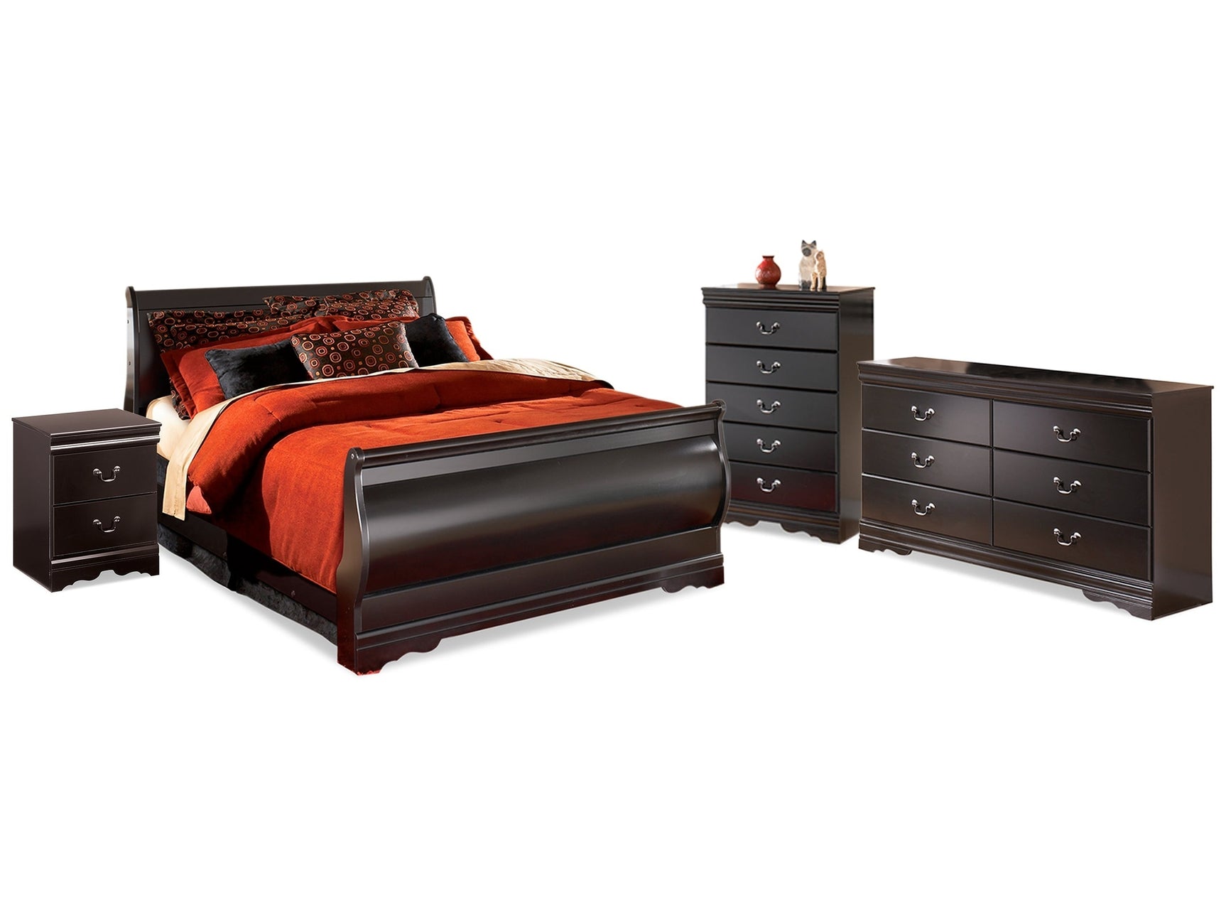 Huey Vineyard Black Full Sleigh Bedroom Set with Dresser, Chest and Nightstand - Ornate Home
