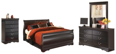 Huey Vineyard Black Queen Sleigh Bedroom Set with Dresser, Mirror and Chest of Drawers - Ornate Home