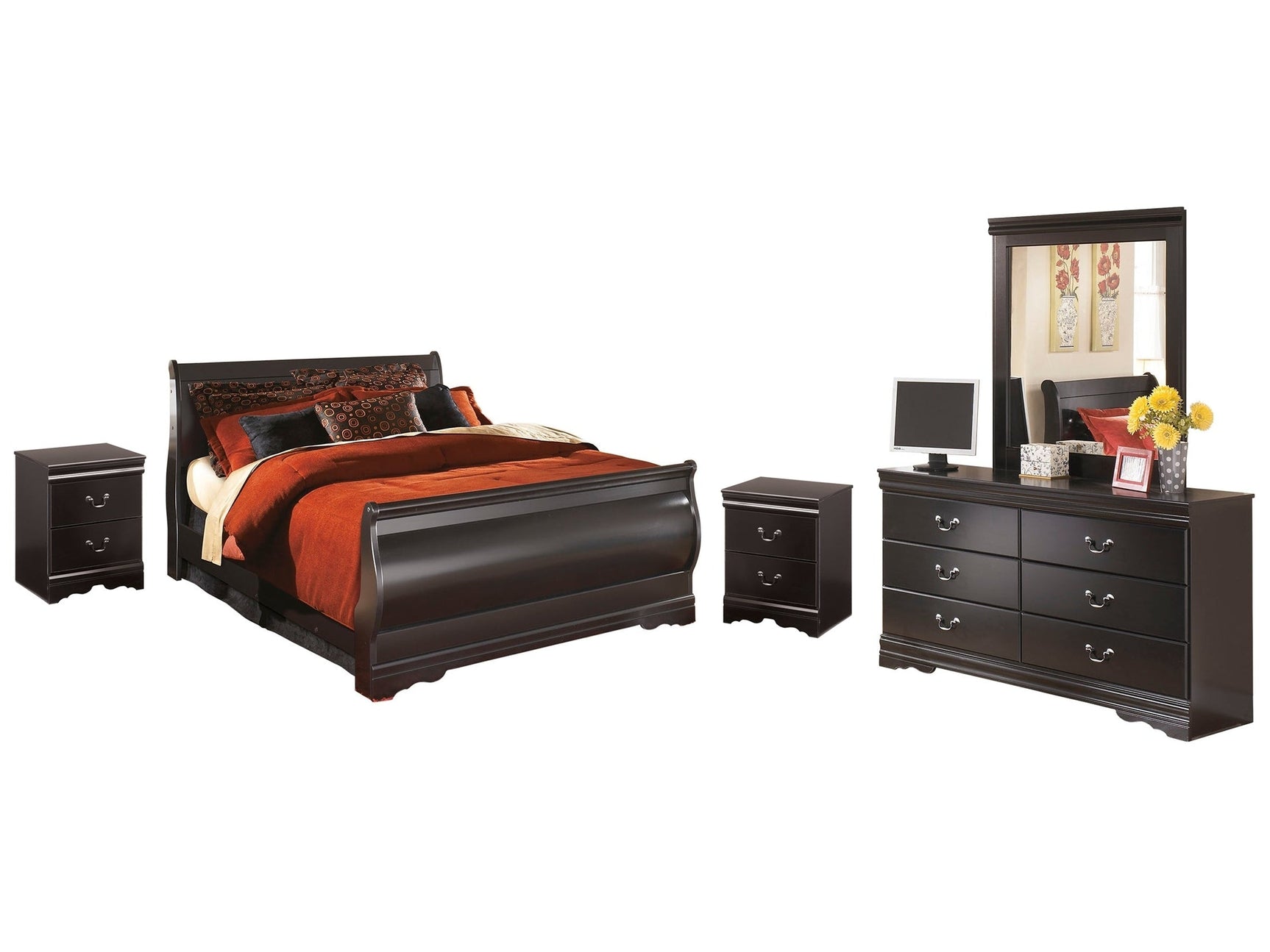 Huey Vineyard Black Queen Sleigh Bedroom Set with Mirrored Dresser and 2 Nightstands (Online Special Price) - Ornate Home
